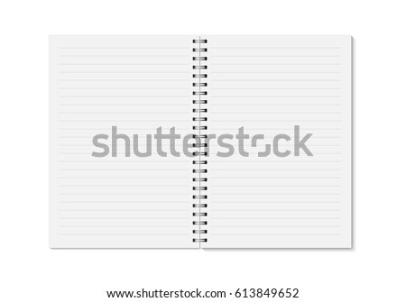 Vector realistic opened notebook. Vertical blank copybook with metallic silver spiral. Template (mock up) of organizer or diary isolated. Horizontal lined notebook  Royalty-Free Stock Photo #613849652