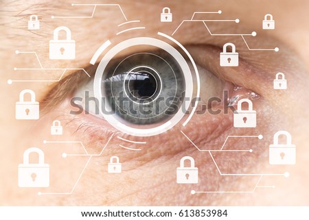 Biometric security retina scanner. Young woman eye lock security.