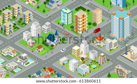 Flat isometric megalopolis blocks infographics with roads and crossroads vector illustration. 3d isometry modern city buildings and architecture collection. Royalty-Free Stock Photo #613860611