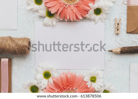 Wedding background. Mock-up for your photo or text Place your work. Woman desktop, template card with flowers. Flat lay 