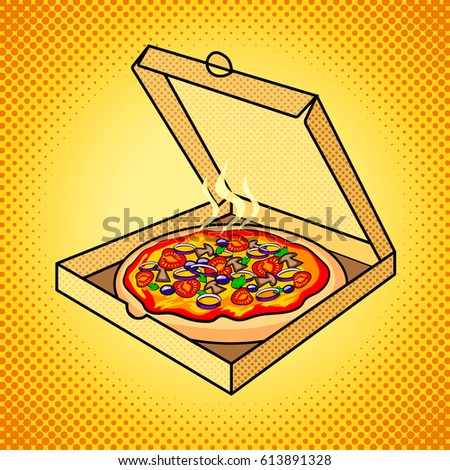 Fresh pizza in box pop art hand drawn vector illustration.
