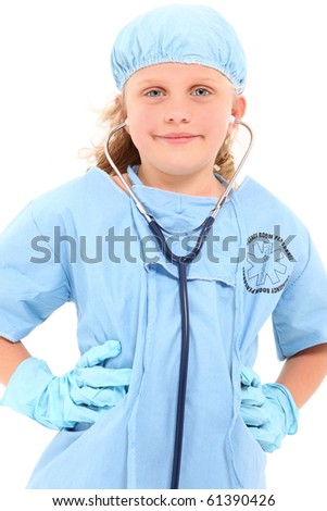 Beautiful 7 year old blond girl with surgery scrubs and stethoscope over white background.