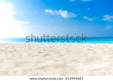 Empty tropical beach background. Horizon with sky and white sand Royalty-Free Stock Photo #613904681