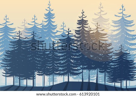 Morning or evening in wild coniferous forest.Vector illustration
