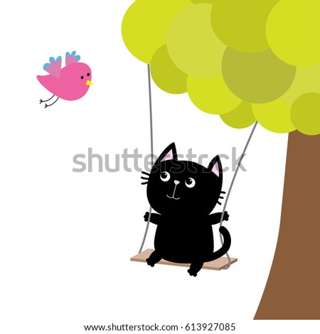 Cat ride on the swing. Green tree. Flying pink bird. Cute fat cartoon character. Kawaii baby pet collection. Love card. Flat design. Funny kids style. White background. Isolated