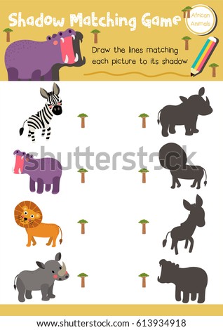 Shadow matching game of african animals for preschool kids activity worksheet layout in A4 colorful printable version. Vector Illustration.