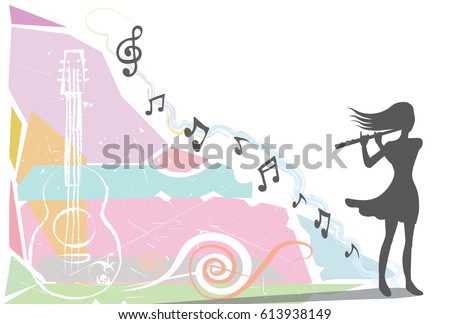 Women musician playing a flute in mini concert. Drawing of a doodle guitar and music notes or melody on abstract bohemian background. Silhouette vector style.