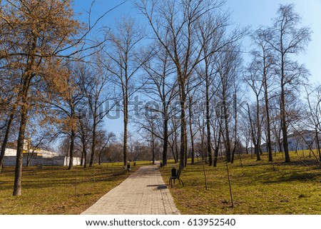 Beautiful park in the center of the city in sunny weather in early spring