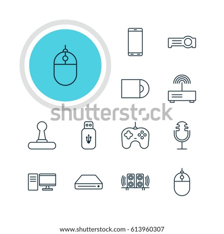 Illustration Of 12 Gadget Icons. Editable Pack Of PC, Floodlight, Loudspeaker And Other Elements.