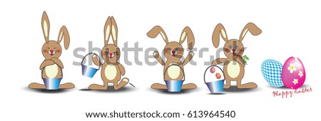 Vector and illustration of cartoon brown rabbit with bucket drawing in different action and beautiful eggs on white background, Happy Easter 