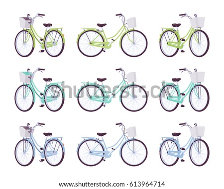 Set of female bicycles with basket in green, turquoise, blue colors. Elegant lady bikes for sport and urban leisure activity, isolated on white background, different positions