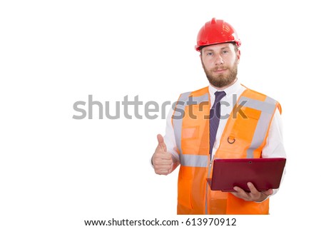 Handsome, beard, suit Construction Worker in Safety Helmet and Orange Reflex Jerkin is Holding a red tablet and getting good news Isolated on White Background.