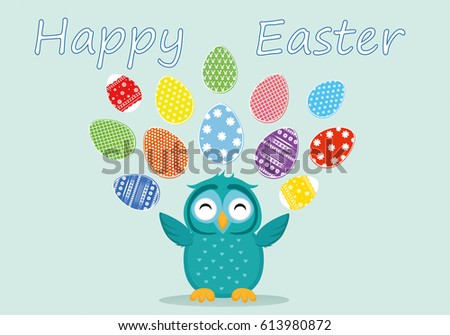 A cute owl has a happy smile and turns many colorful Easter eggs. Greeting card for the holiday. A blank space for your text or advertising. Vector