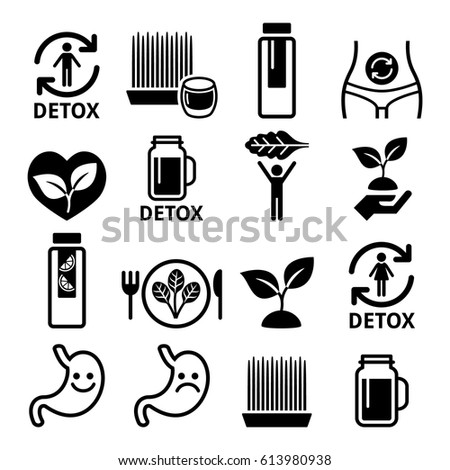 Detox, body cleaning with juices, vegetables or diet icons set Royalty-Free Stock Photo #613980938