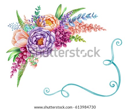 watercolor illustration, floral background, wild flowers, beautiful wedding bouquet, corner design element isolated on white