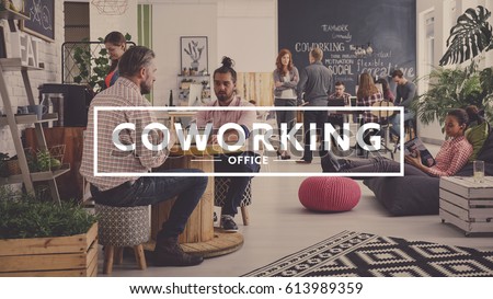 Workers of modern agency having break, coworking office Royalty-Free Stock Photo #613989359