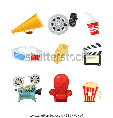Cinema icons set. Flat style. Colorful design elements for movie theater. Vector illustration. Isolated on white background. 