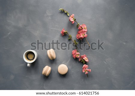 Top view of coffee, macarons and flowers on cement background