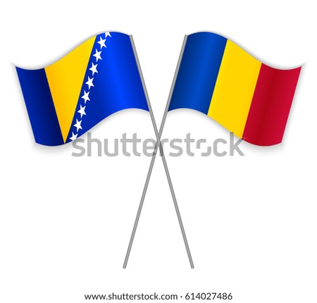 Bosnian and Chadian crossed flags. Bosnia and Herzegovina combined with Chad isolated on white. Language learning, international business or travel concept.