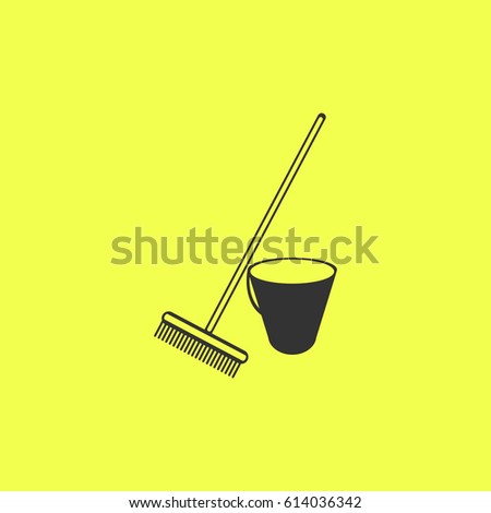 Bucket and rake for the sandboxes icon flat. Simple grey pictogram on yellow background. Illustration symbol