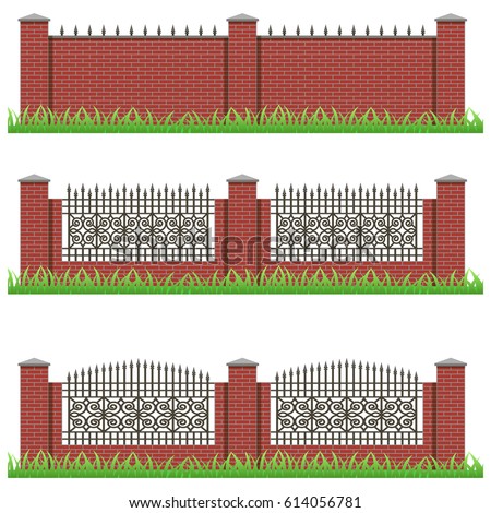 Set of manor or garden fences. Brick stone and decorative iron grille. Use as elements and details for scene creating. Objects isolated on white background, vector illustration