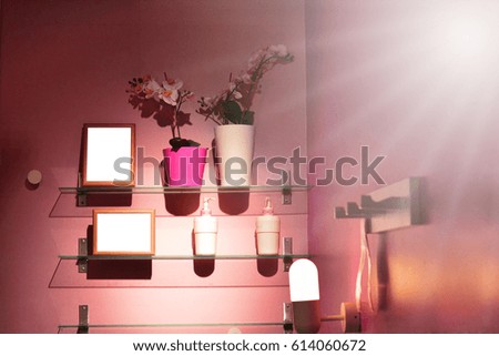 Interior pink tone of wall with flowerpots and picture frames on the wall shelves with light