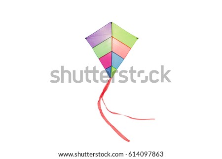 angle view of a colorful kite flying with waving red bow in a white background Royalty-Free Stock Photo #614097863