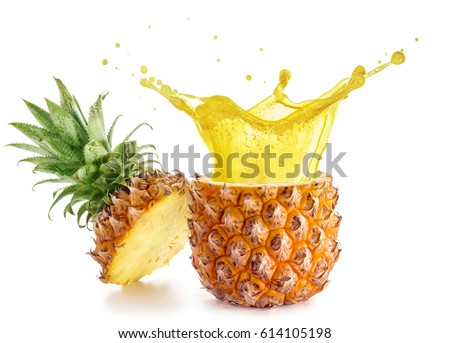 yellow juice exploding out of a pineapple isolated on white background Royalty-Free Stock Photo #614105198