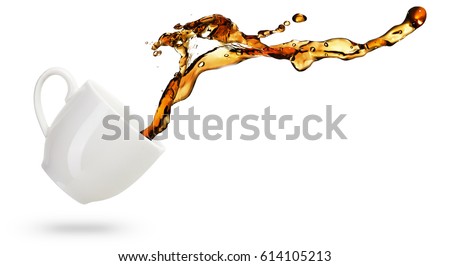 coffee spilling out of a mug isolated on white background Royalty-Free Stock Photo #614105213