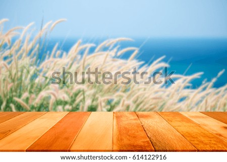 Wood plank on grass flowers with blue sea and sky background.