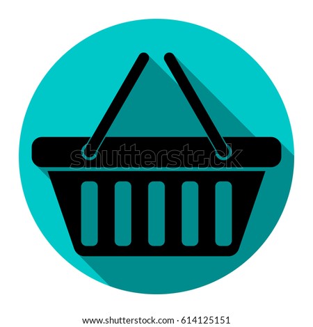 Shopping basket icon illustration. Vector. Flat black icon with flat shadow on royal yellow circle with white background. Isolated.