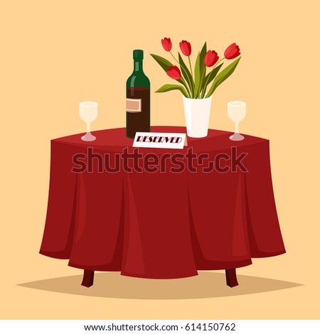 Lovely table in the restaurant for two people. On the table there are two glasses, a bottle of wine and a vase of flowers. The table is reserved. Vector cartoon illustration