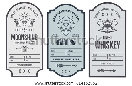 Set of vintage bottle label design with ethnic elements in thin line style. Alcohol industry emblem, distilling business. Monochrome, black on white. Place for text Royalty-Free Stock Photo #614152952