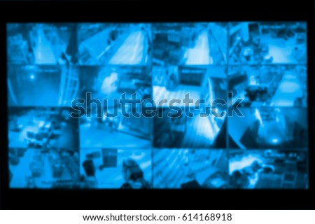 blurred photo, Blurry image, closed circuit camera,security system walkie-talkie while looking at CCTV footage. Royalty-Free Stock Photo #614168918