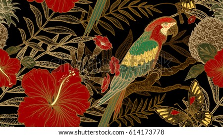 Exotic plants and birds parrots. Vector seamless floral pattern. Hand drawing of wildlife. Illustration - template for luxury fabric, paper. Gold and red branch, leaves, flowers on black background.