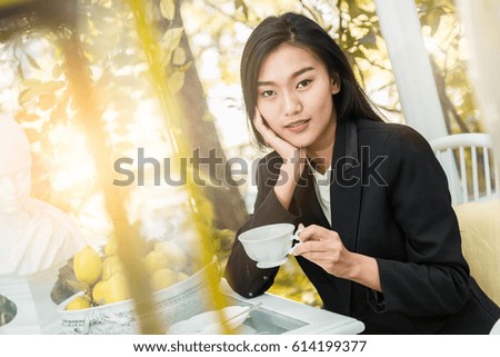 smile young woman holding cup of green tea at home, healthy lifestyle concept, asian beauty, asian beauty