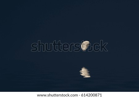 The moon on the night starless sky over the sea with waves. Natural lunar composition