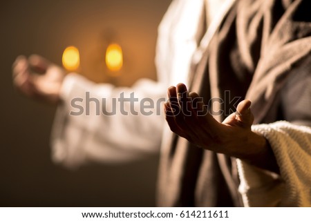 Scene, of Jesus Christ praying during the last supper with his apostles  Royalty-Free Stock Photo #614211611