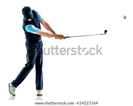 one caucasian man golfer golfing in studio isolated on white background Royalty-Free Stock Photo #614223164