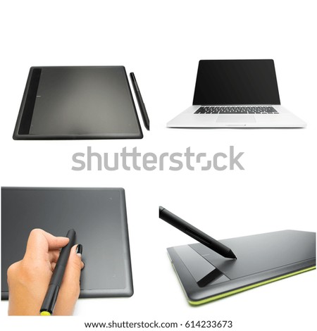 graphic tablet with pen for illustrators and designers, isolated on white background.