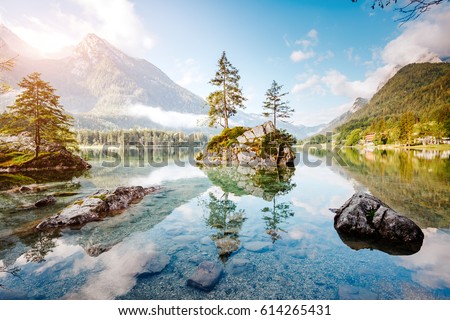 Famous lake Hintersee one of the best places on planet. Picturesque scene. Location resort Ramsau, National park Berchtesgadener Land, Upper Bavaria, Germany Alps, Europe. Explore the world's beauty.