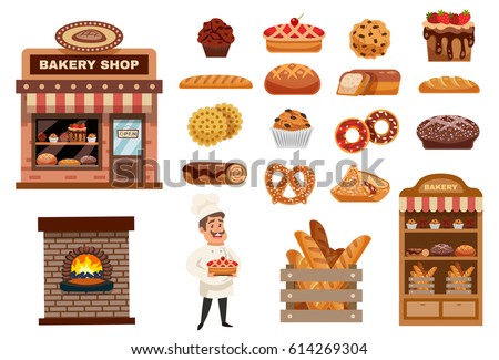 Bakery icons set with cook figurine bakery shop and baked goods collection flat isolated vector illustration  Royalty-Free Stock Photo #614269304