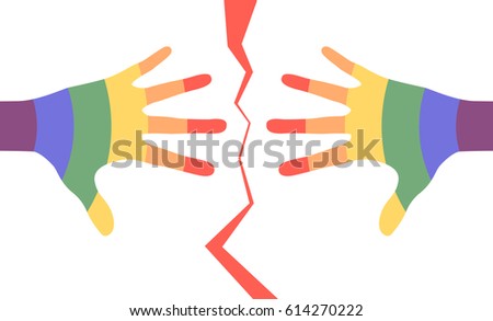Colorful man hands separated by the red broken line