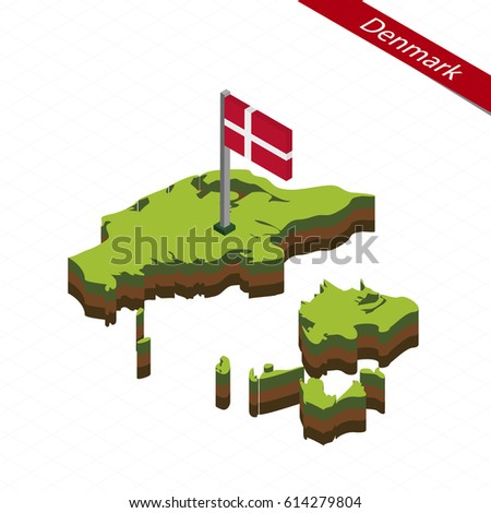 Isometric map and flag of Denmark. 3D isometric shape of Denmark. Vector Illustration.