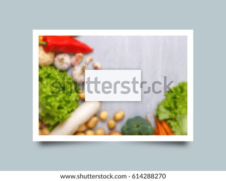 Business card mockup. Vegetables. Garlic, lettuce salad and pepper. broccoli, celery and carrot. Organic food. Photo frame design with shadow.