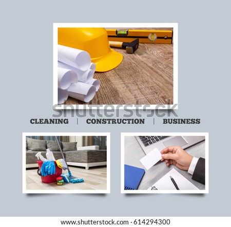 Cleaning supplies, business visiting card. Helmet, hammer and building level. Architecture plans. Construction design. Wood rustic background. House services.