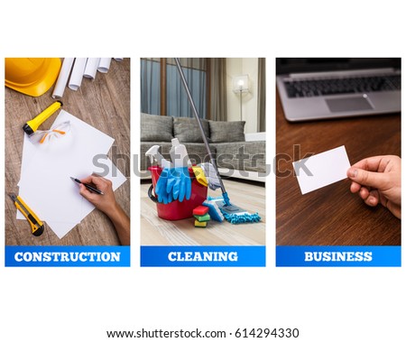 Cleaning supplies, business visiting card. Helmet, knife and protective glasses. Flashlight and blank sheets of paper. Architect hand holding a pen. House services.