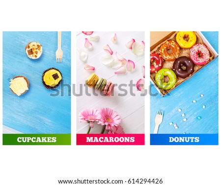 Cupcakes with buttercream. Sweet cake with cream and small chocolate bar. Dessert with topping and fork. On blue wooden rustic background. Gerbera flowers. Delicious macaroons and donuts.