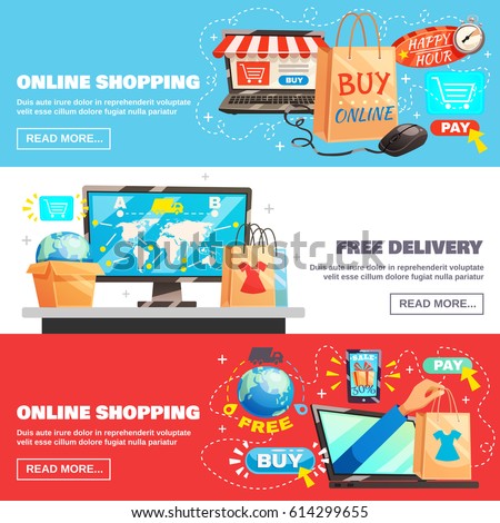 Electronic commerce horizontal banners set with online shopping and delivery image compositions with read more button vector illustration