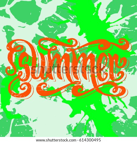 Hand drawn textured word Summer over bright green colorful artistic paint splashes.